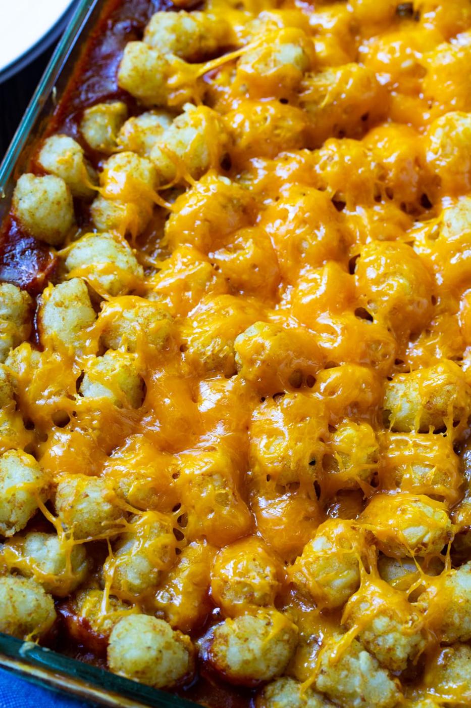 Tater Tot Casserole in a baking dish.