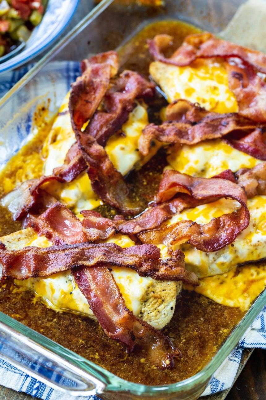 Baked Maple Bacon Chicken in a baking dish.