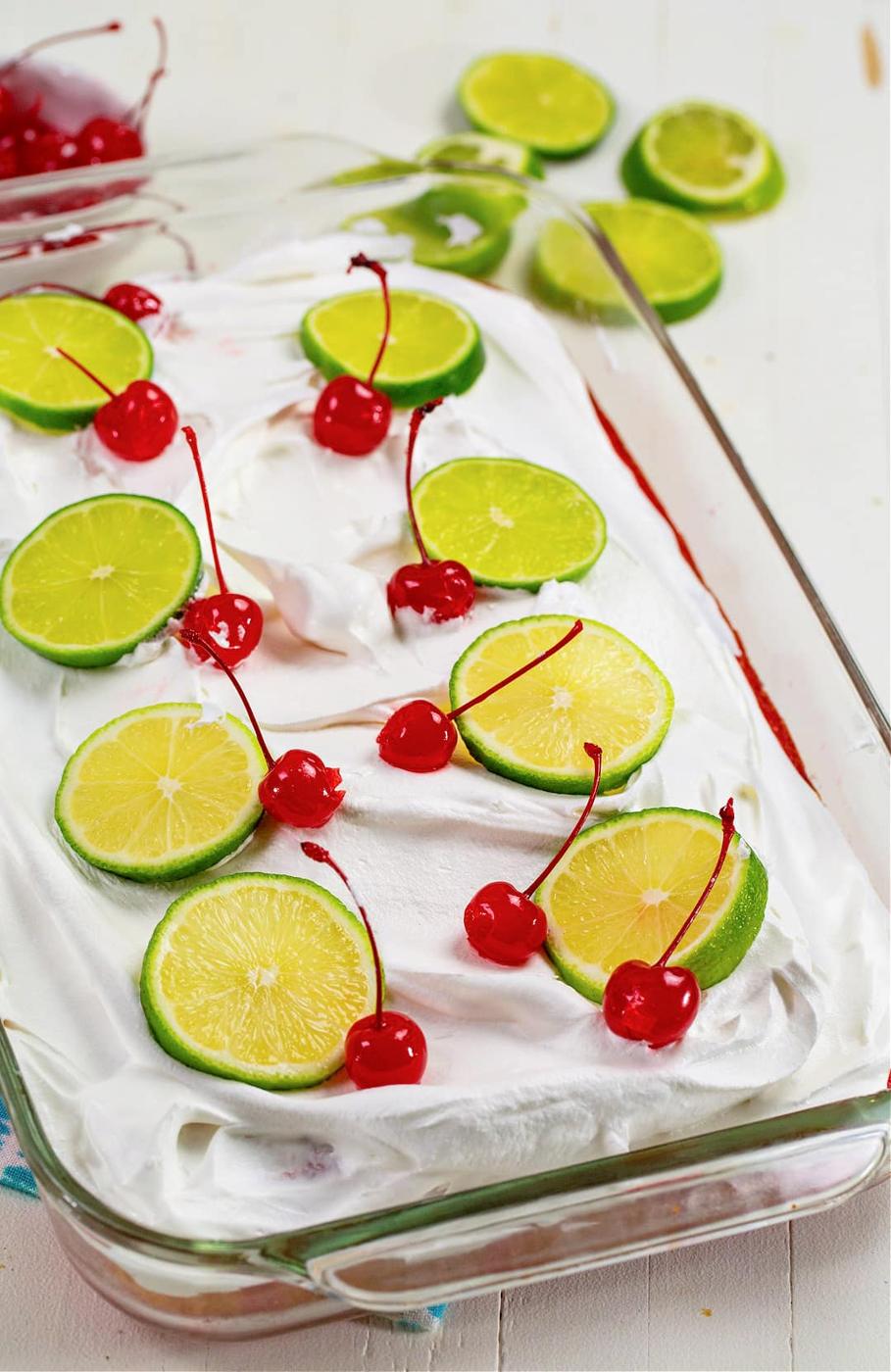 Poke cake in a 9x13-inch baking dish.