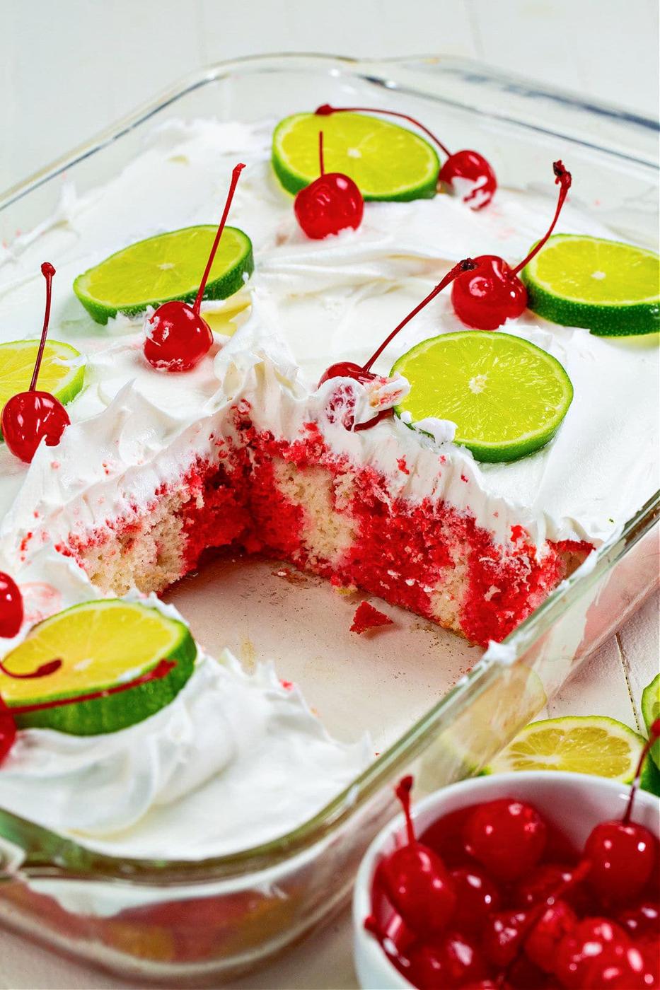 Cherry Limeade Poke Cake in baking dish.