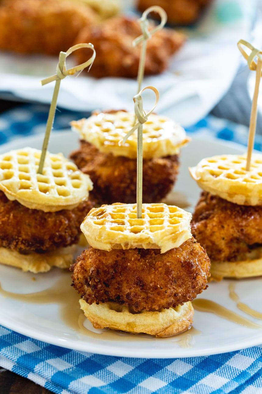 Mini Chicken and Waffle Sliders on a serving plate