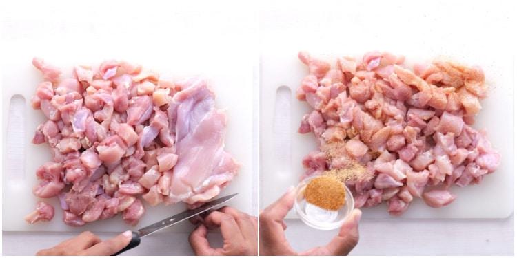 Cutting and seasoning the chicken.