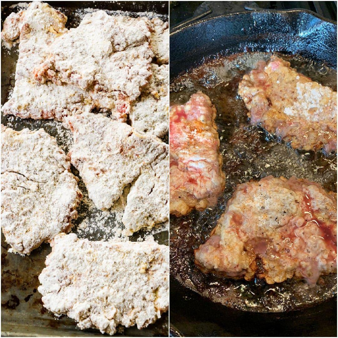 Collage showing breaded cubed steak and cubed steak being fried.
