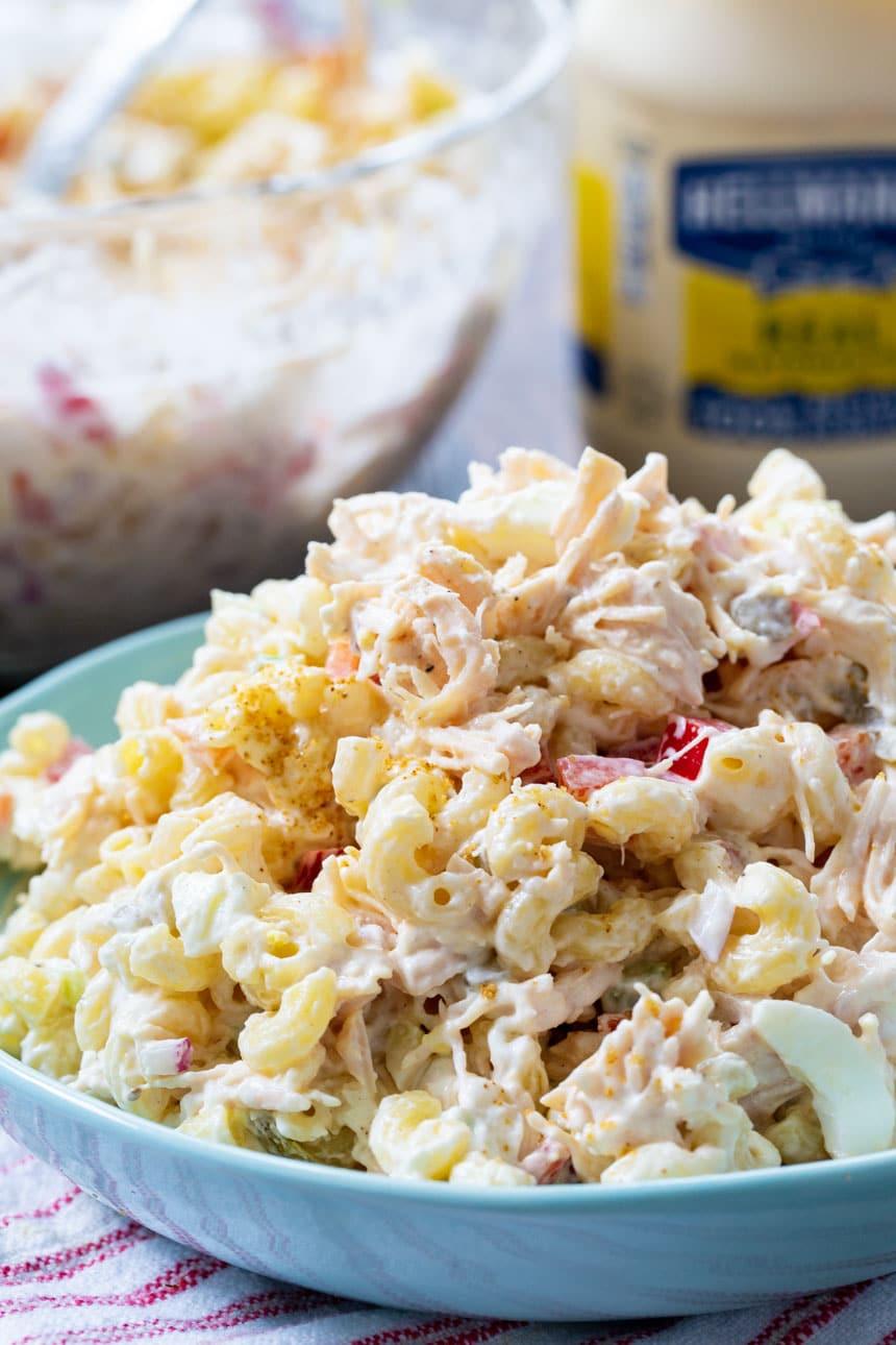 Chicken Macaroni Salad with mayonnaise jar in background