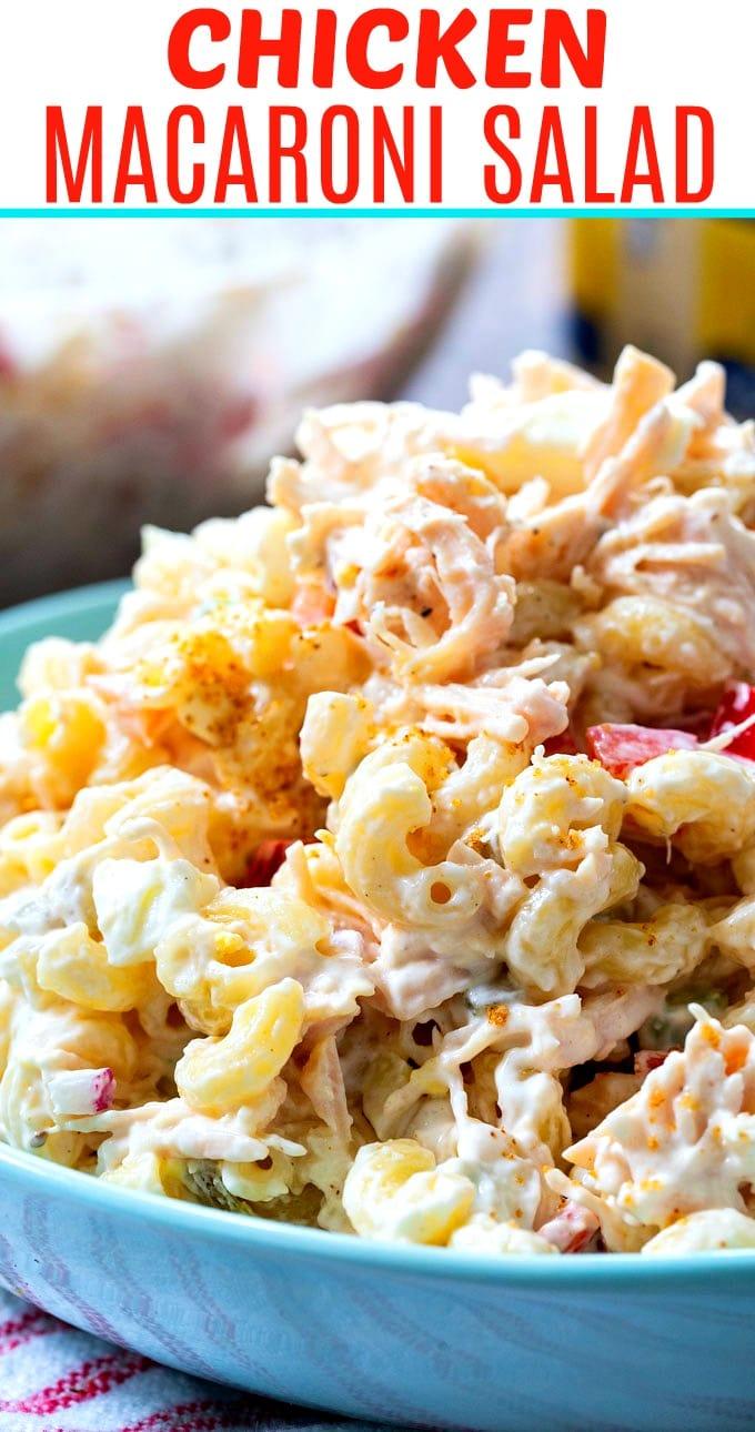 Chicken Macaroni Salad in a blue serving bowl