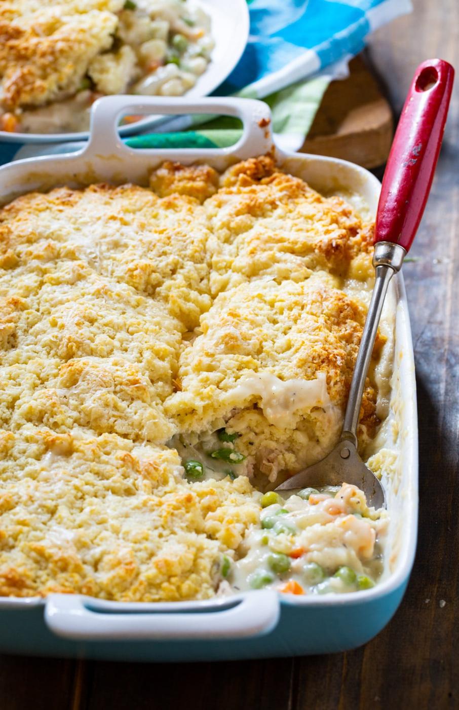 Chicken Pot Pie with Biscuit Topping in baking dish.