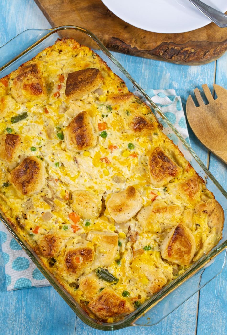 Overhead of chicken casserole in baking dish.