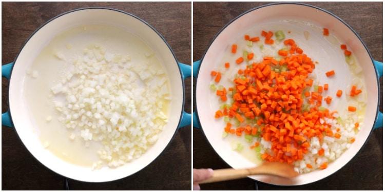 Cooking the onion, celery and carrots.