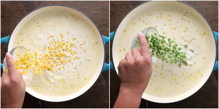 Adding corn and peas.