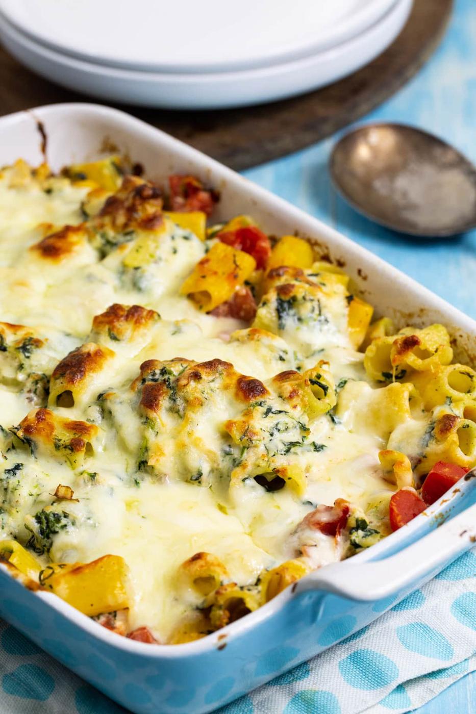 Baked Rigatoni in baking dish.
