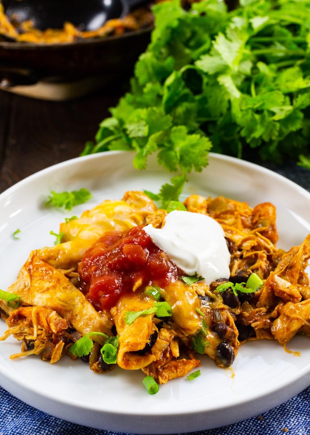 Chipotle Chicken Enchilada Skillet dished up on a plate.