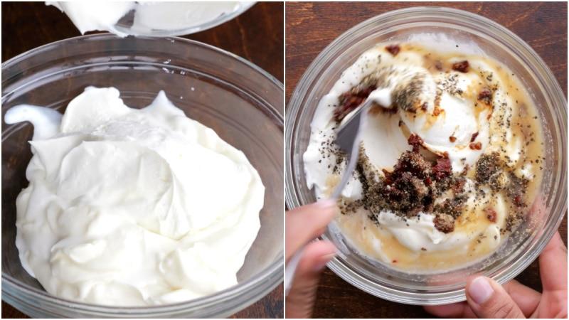 Mixing together mayonnaise mixture.