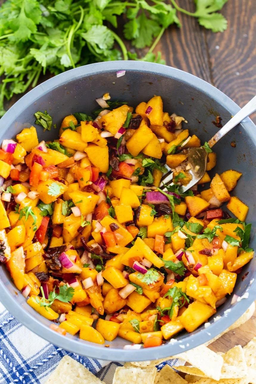 Peach Salsa in a large blue bowl.