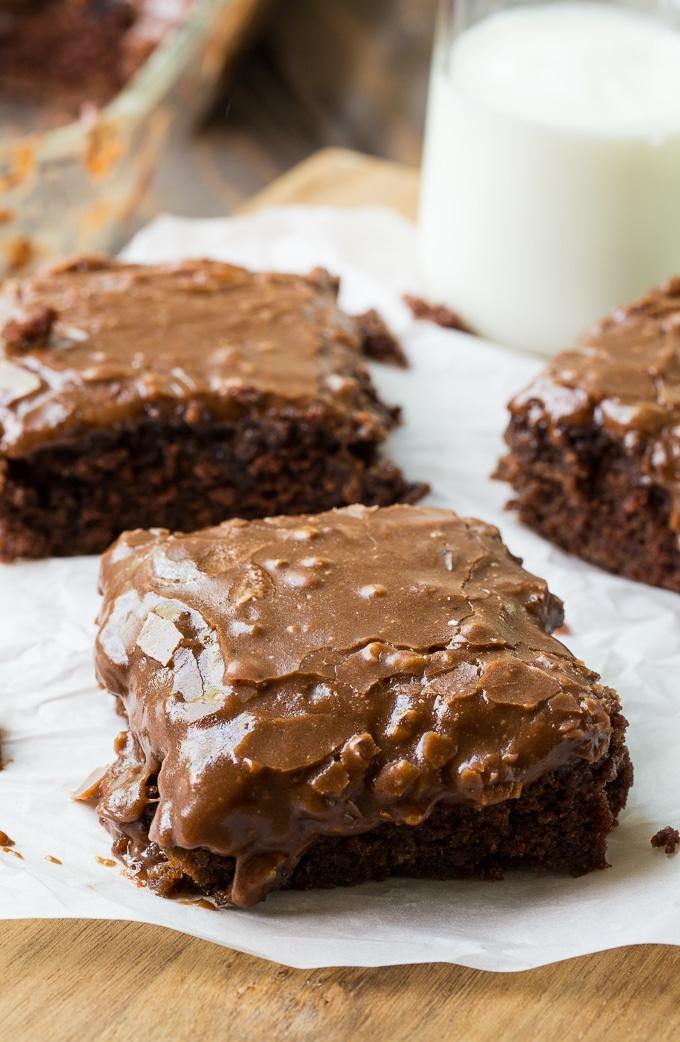 Chocolate Buttermilk Cake with chocolate icing.