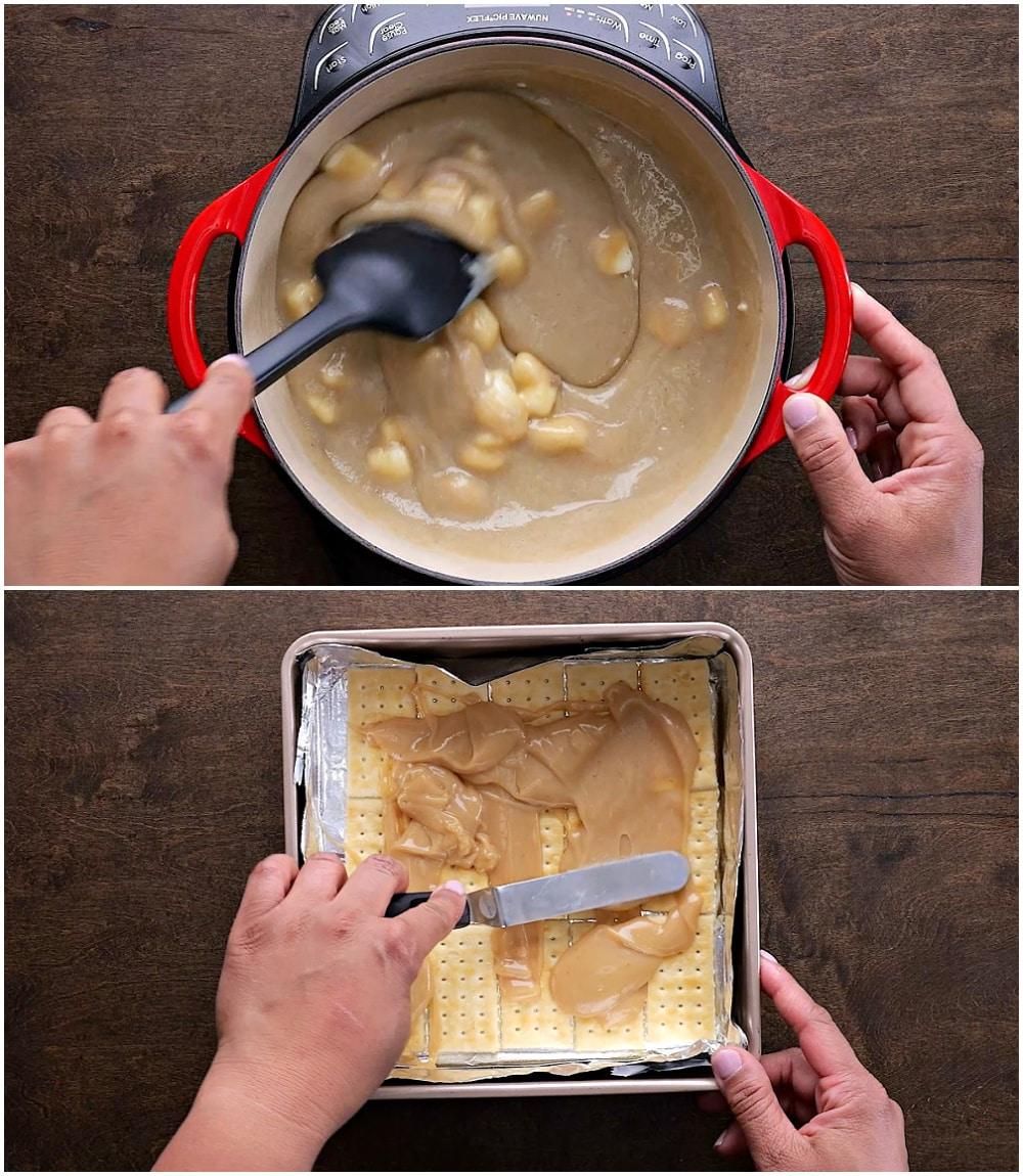 Brown sugar mixture in saucepan and being poured over crackers.