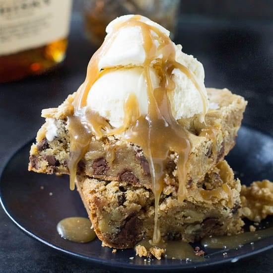 Chocolate Chip Blondies with Caramel-Bourbon Sauce