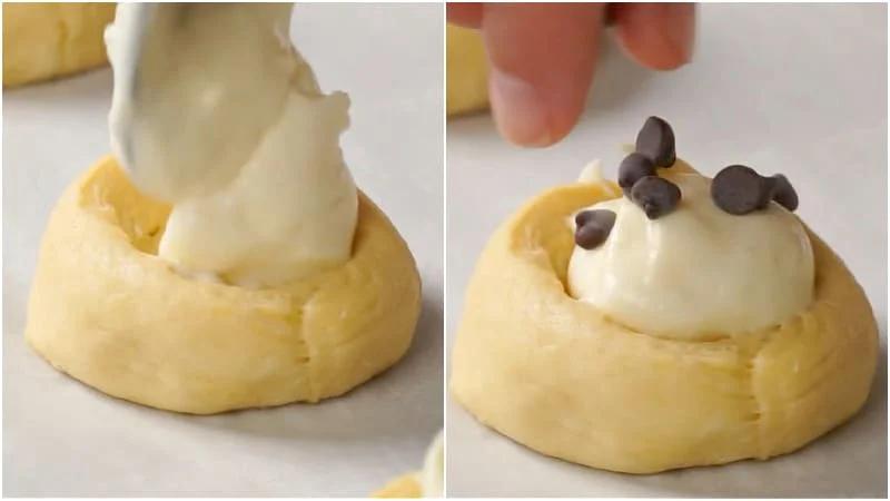 Adding glaze and chocolate chips.