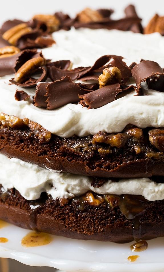 Chocolate Layer Praline Cake- super easy to make from a cake mix!