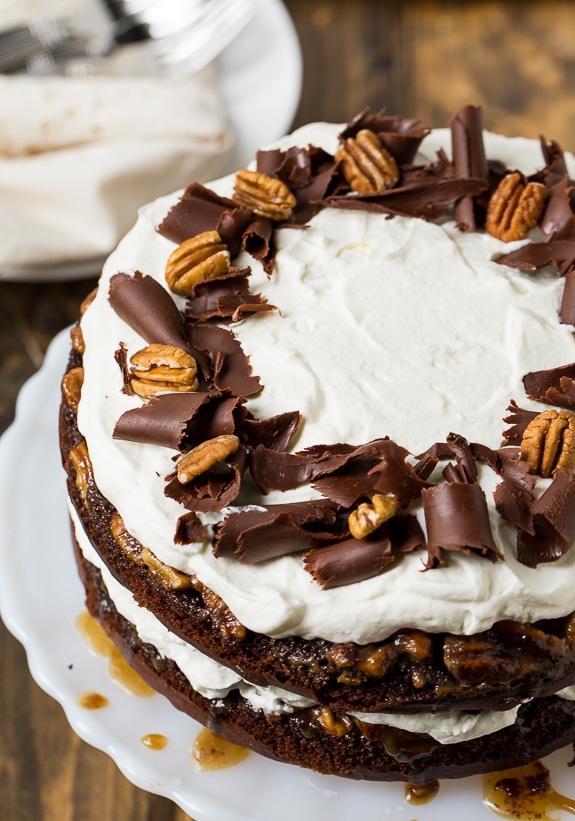 Chocolate Praline Layer Cake - super easy to make from a cake mix!