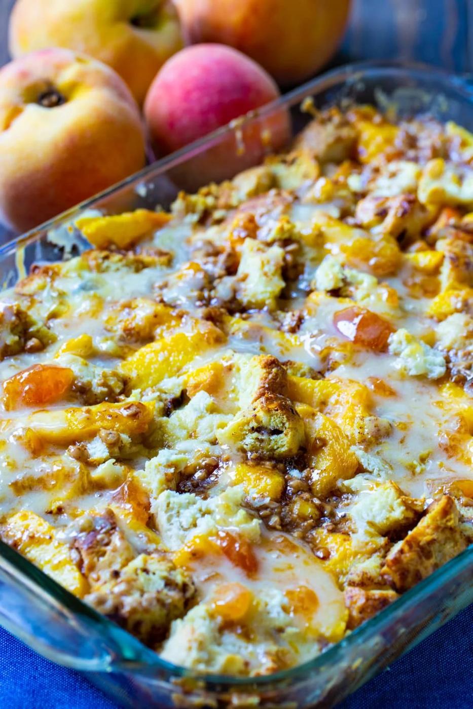 Peach Bread Pudding in a 9x13-inch baking dish.