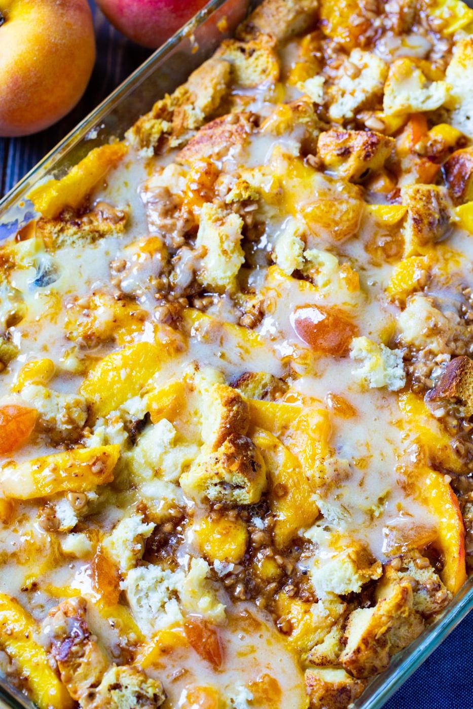 Cinnamon-Peach Bread Pudding in baking dish.