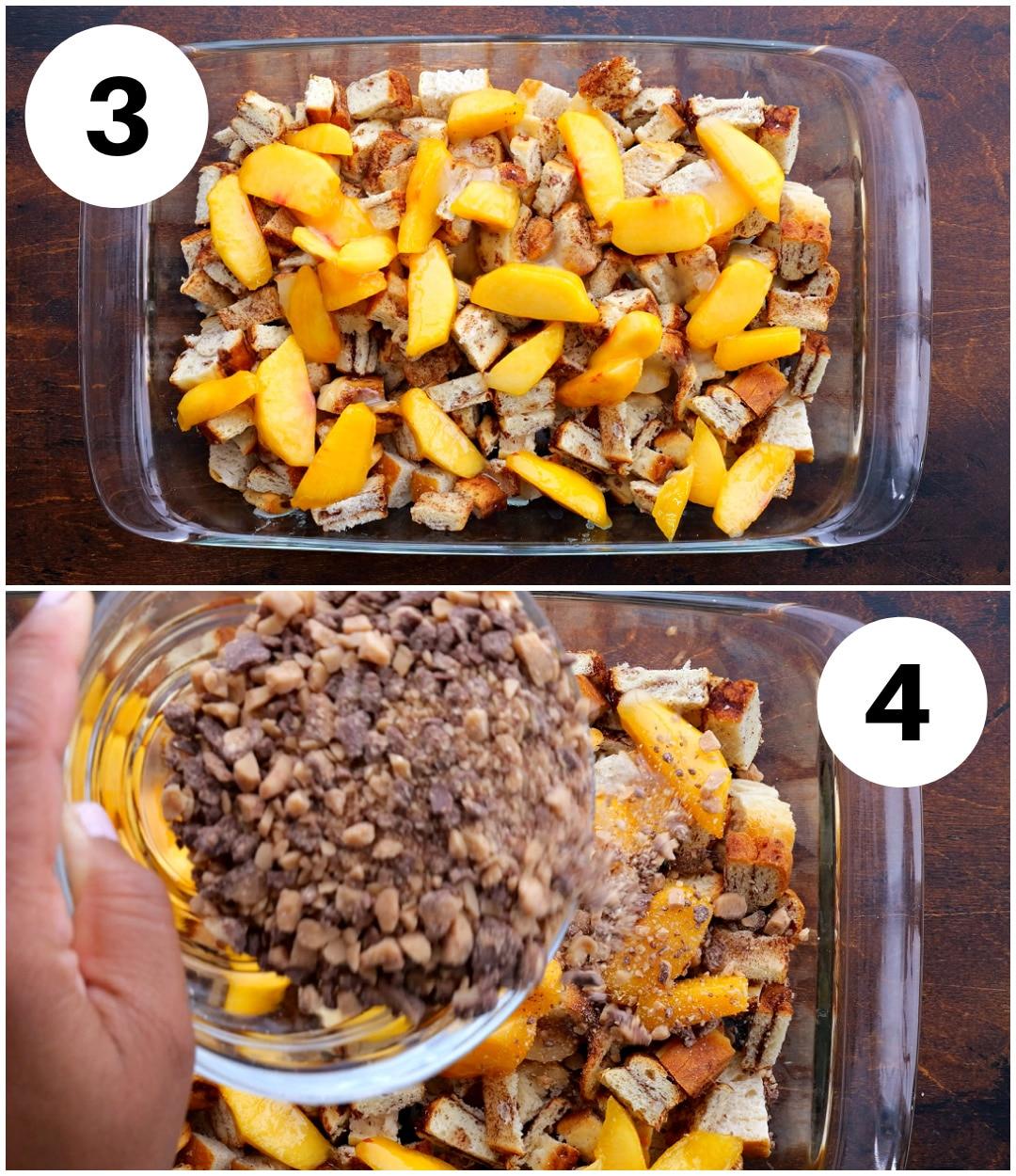 Collage showing cinnamon rolls and peaches in baking dish and toffe bits being sprinkled on.