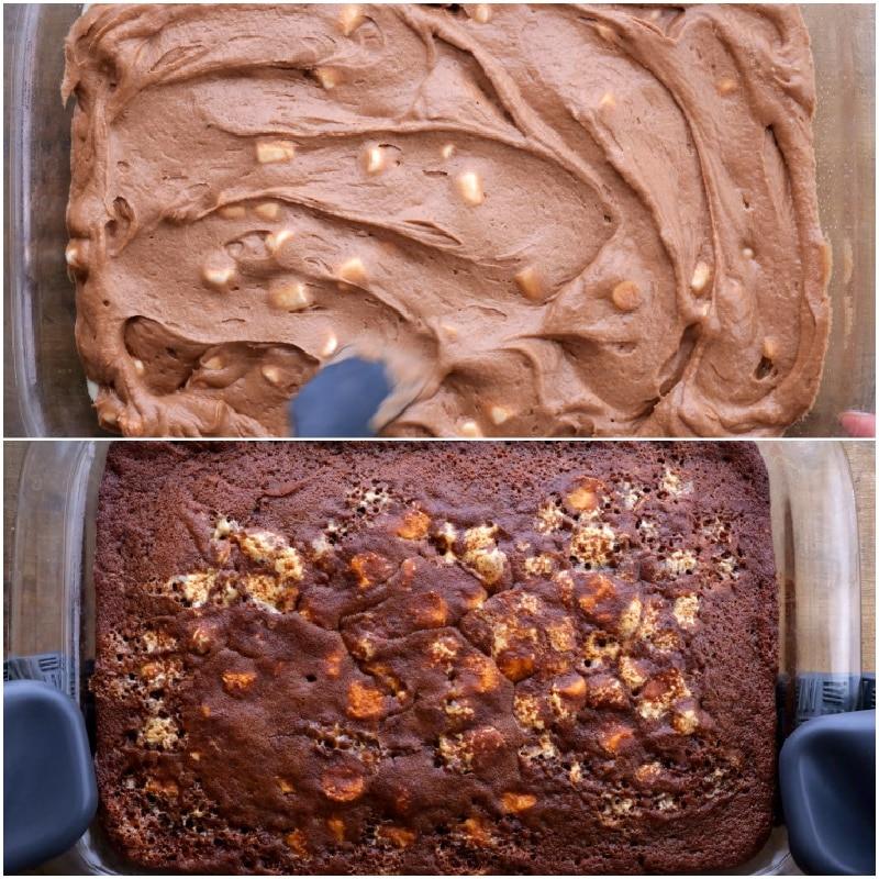 Coca Cola cake before baking and after baking.