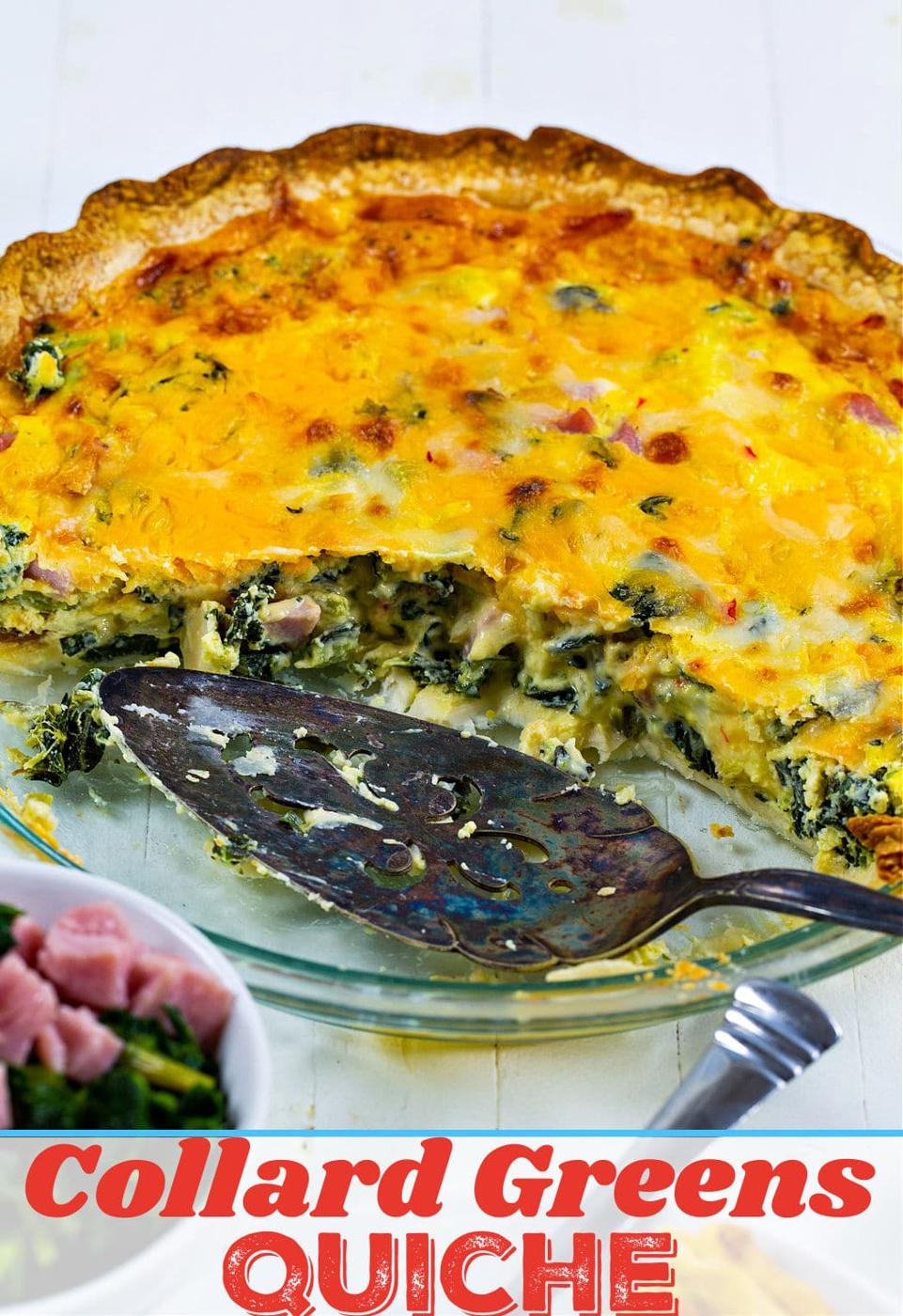 Half of the quiche in the pie pan.