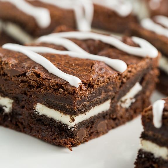Brownies stuffed with oreo cookies.