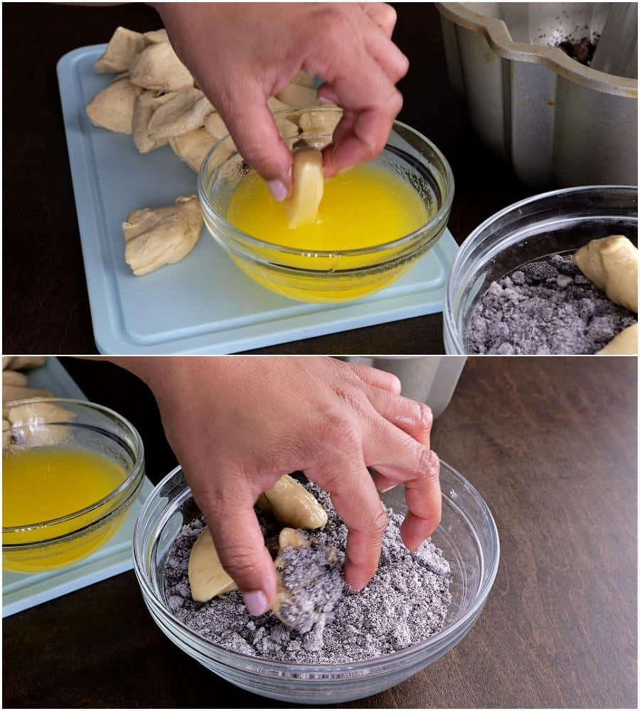 Biscuit pieces dipped in butter and then oreo mixture.