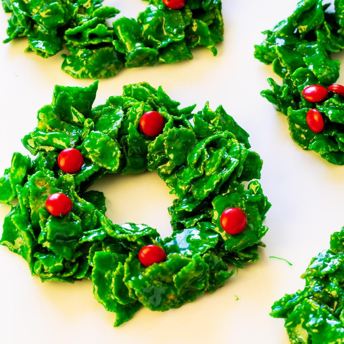 Cornflake Christmas Wreaths spread out on white background.