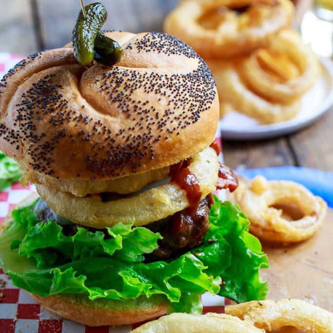 Cowboy Burgers topped with Onion Rings