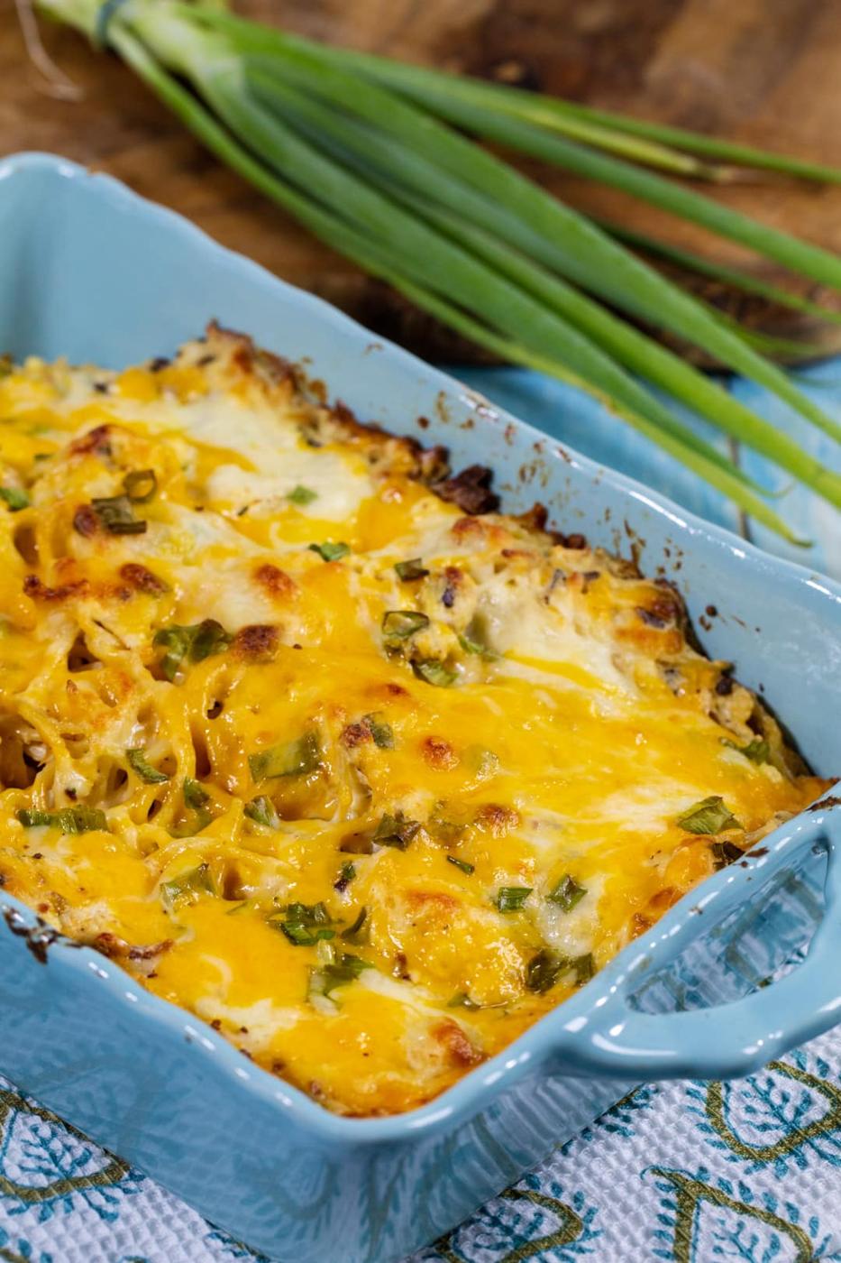 Finished spaghetti dish in casserole dish.