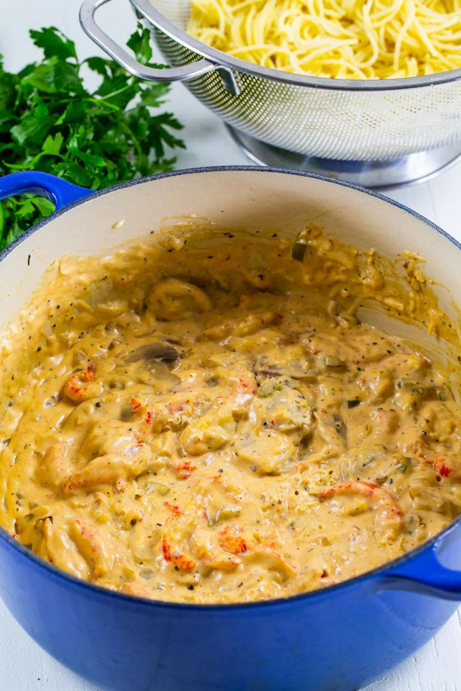 Tetrazzini sauce in a Dutch oven.