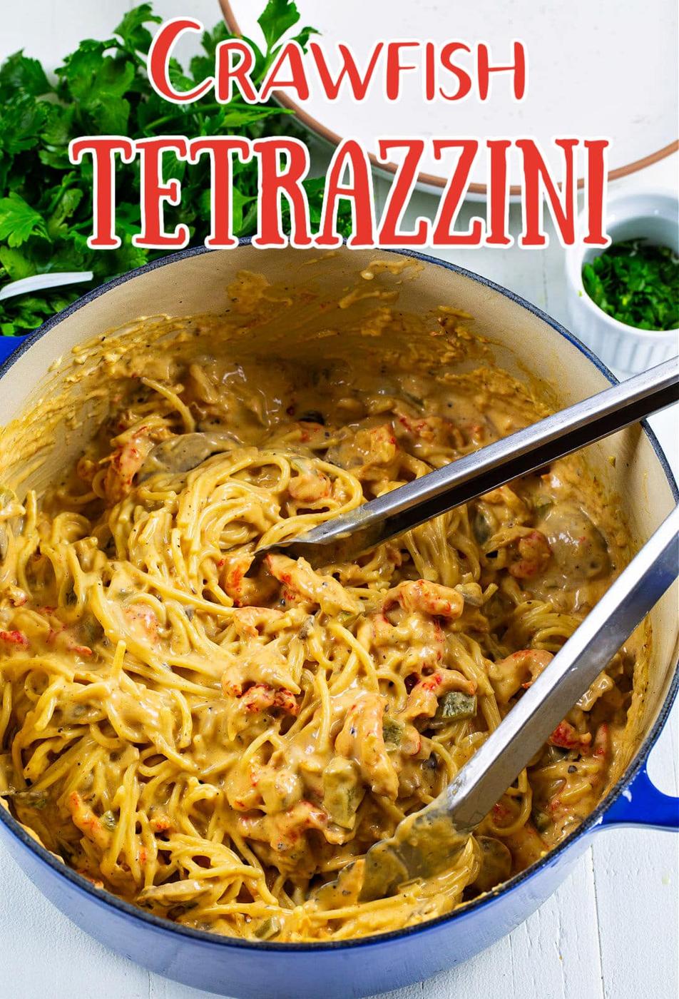 Crawfish Tetrazzini in a Dutch oven.