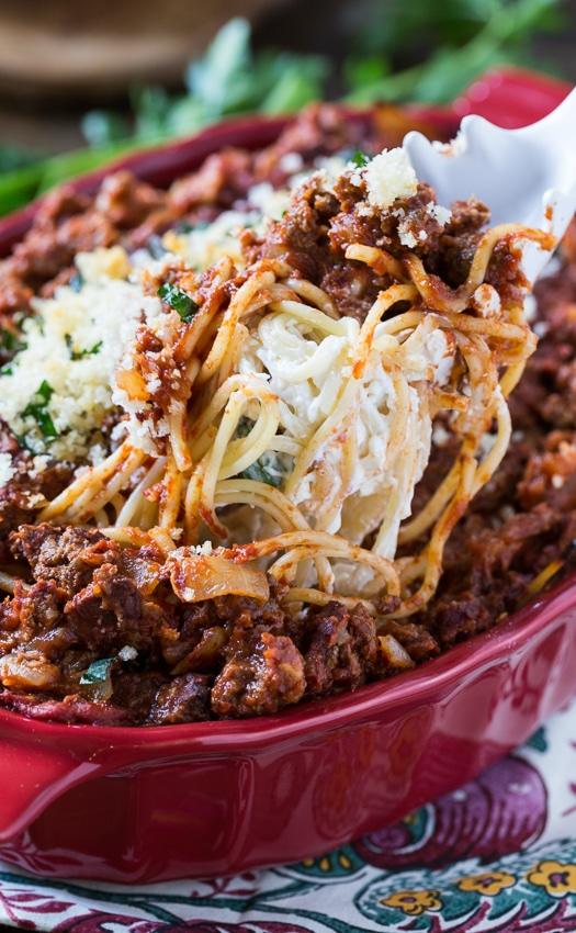 Spaghetti Beef Casserole with a layer of cream cheese and a buttery bread crumb topping.
