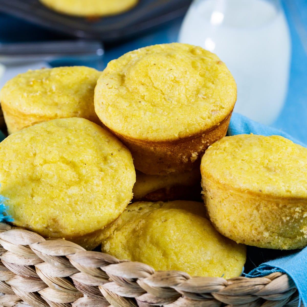 Creamed Corn Cornbread Muffins in bread basket.