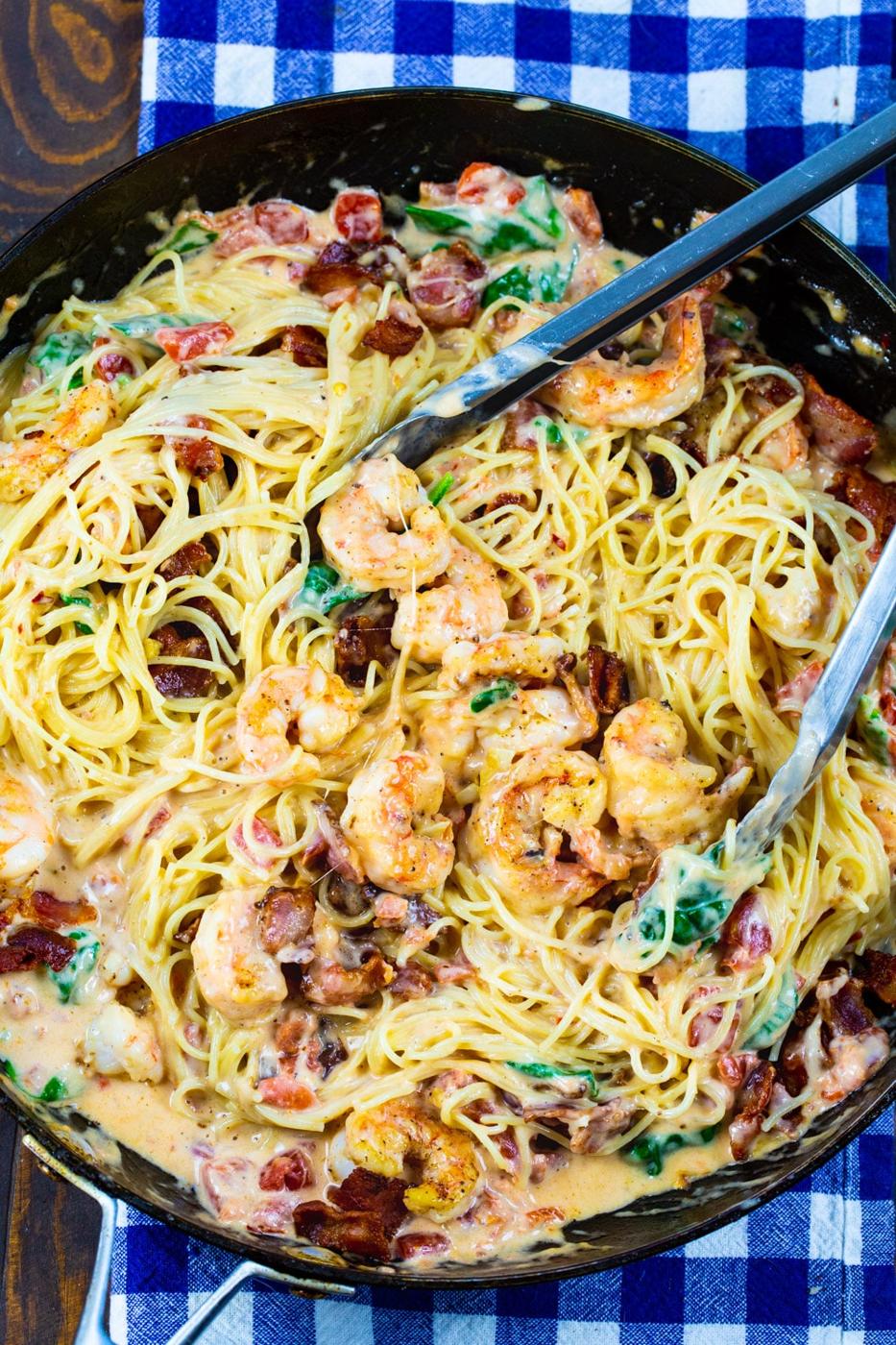 Finished Angel Hair Pasta in skillet.