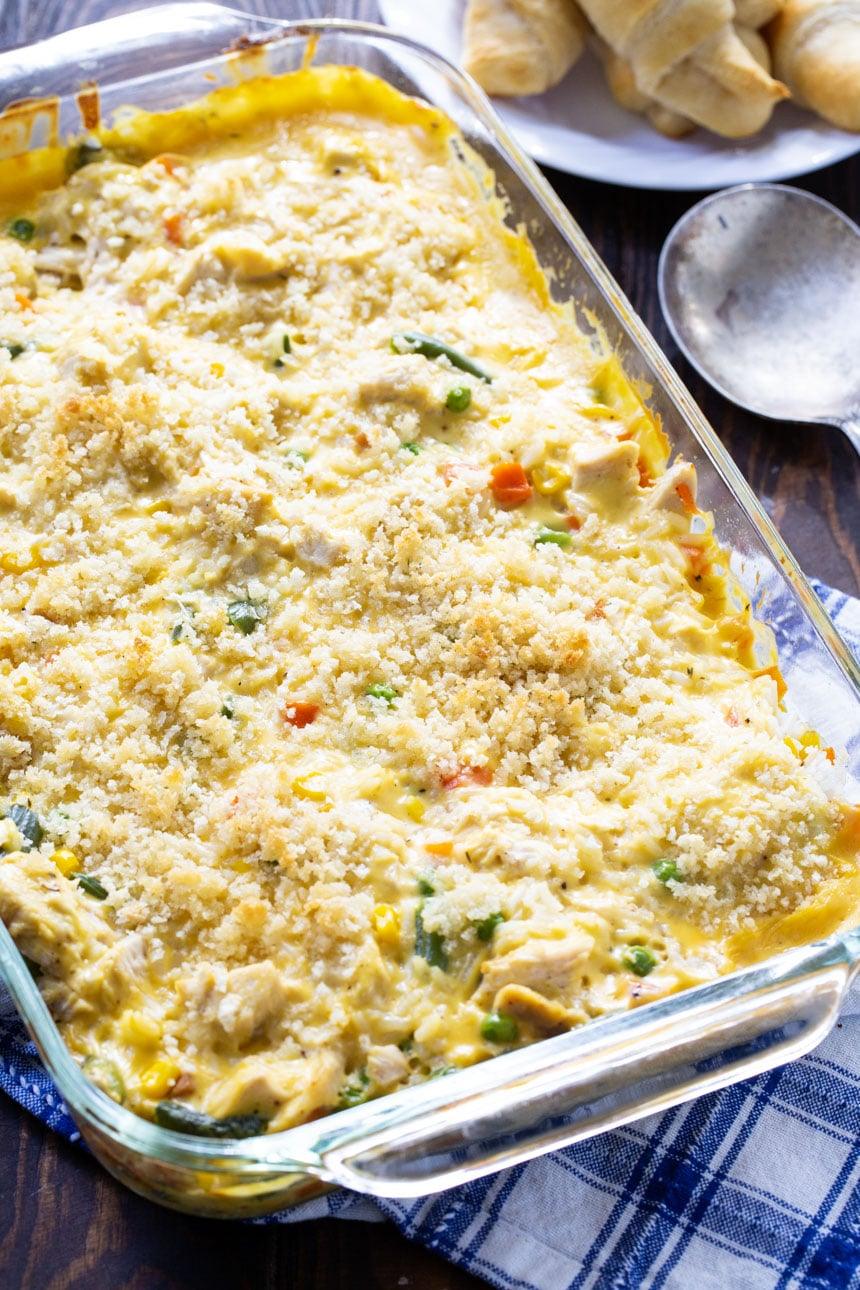 Chicken Vegetable, and Rice Casserole in a 9x13-inch baking pan