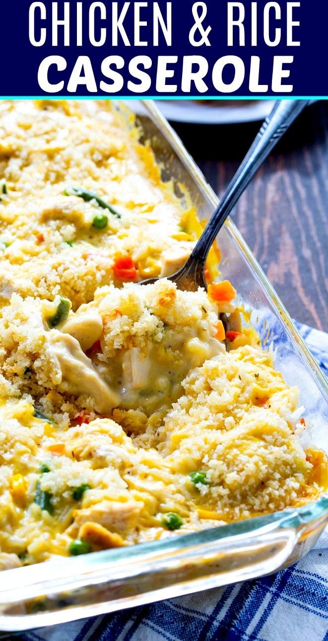 Creamy Chicken and Rice CAsserole in a 9x13-inch baking dish