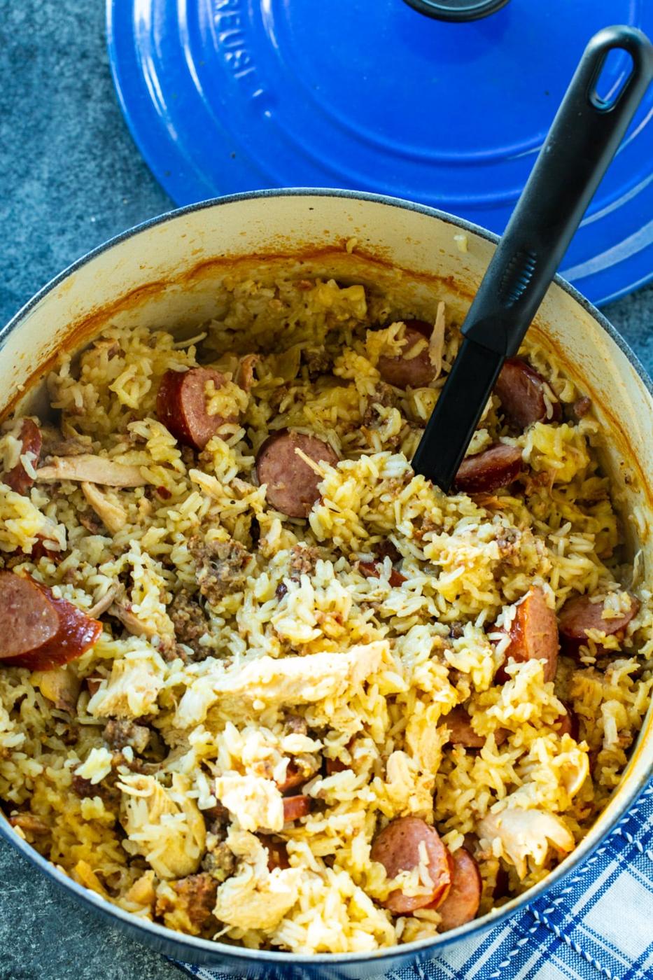Creamy Chicken Bog in Dutch oven.