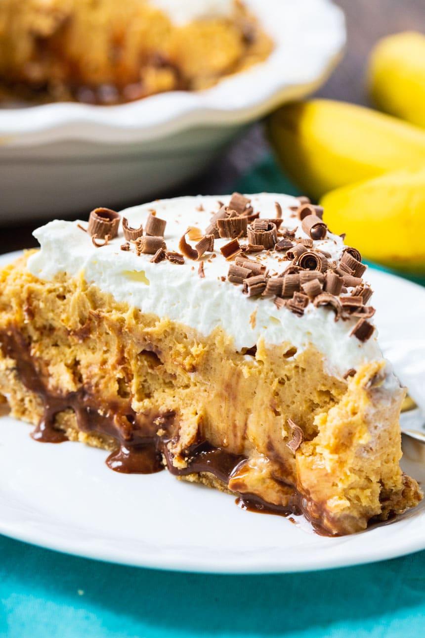 Slice of Peanut Butter Banana Pie with Whipped Cream Topping