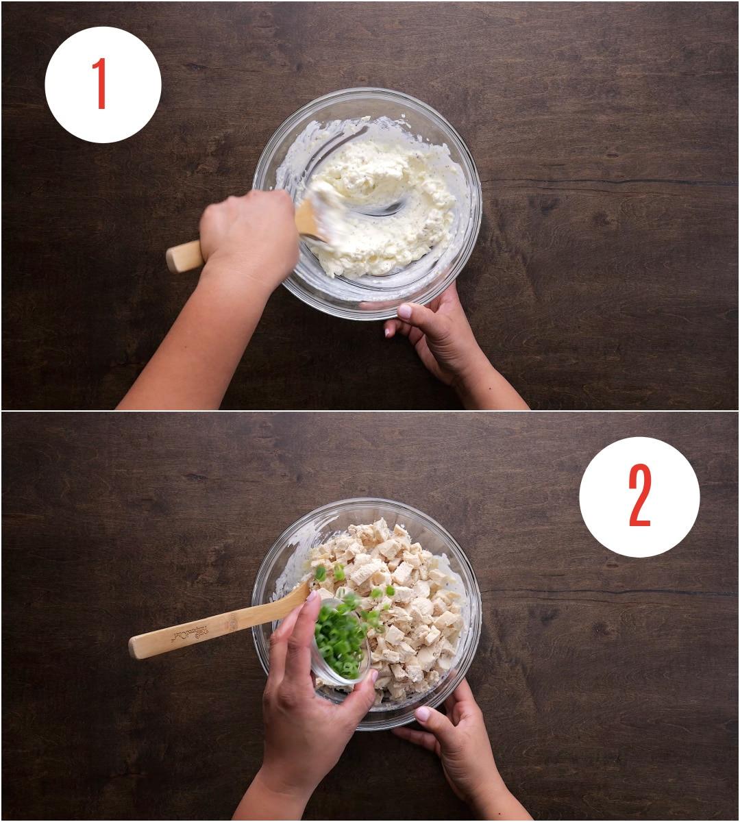 Chicken filling mixed in a mixing bowl.