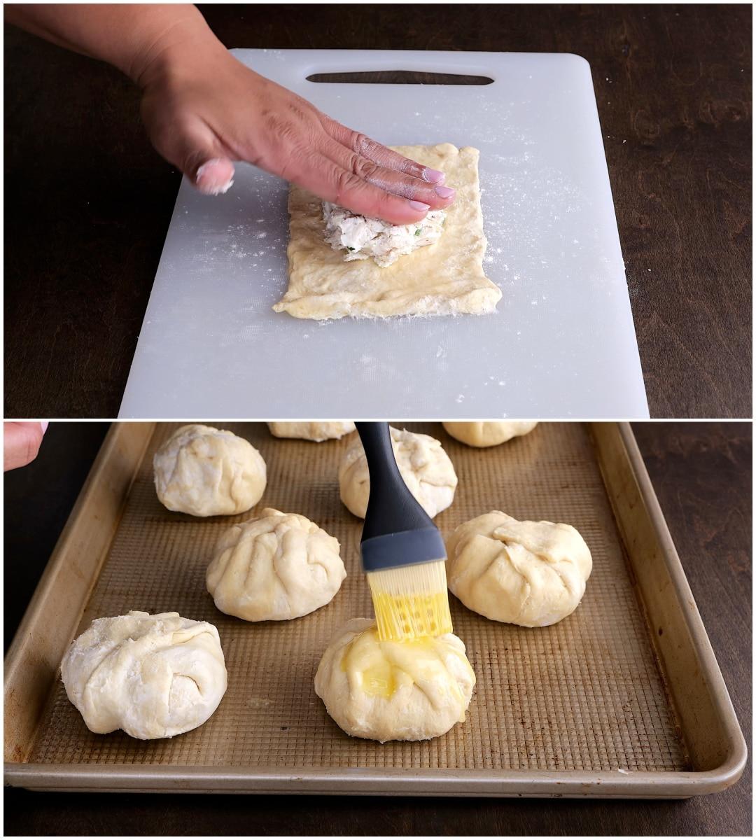 Chicken mixture placed on crescent dough and butter being brushed on bundles.