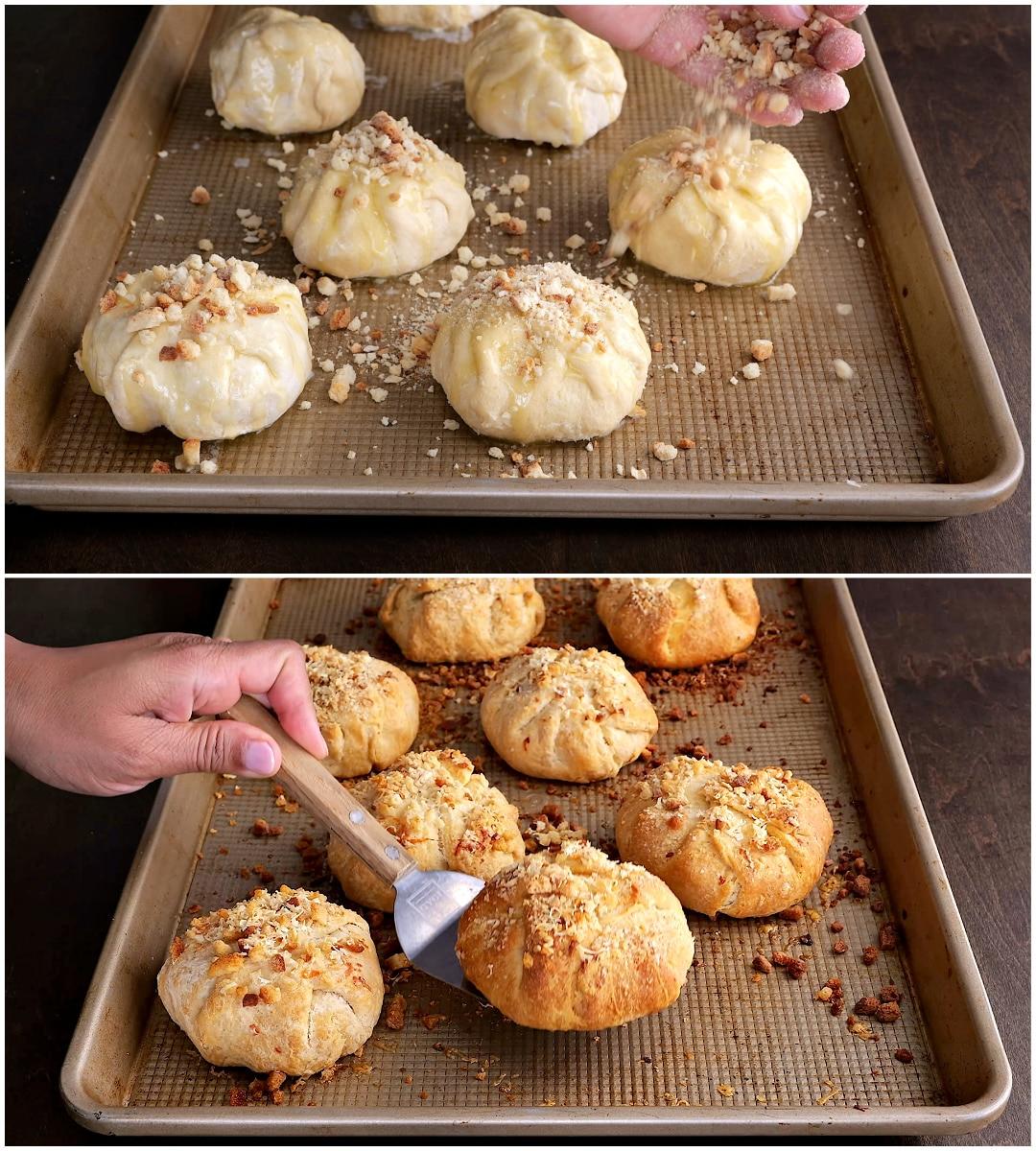 Stuffing mixture sprinkled on top of bundles.