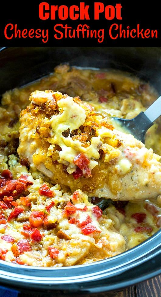 Spatula lifting piece of chicken from crock pot.