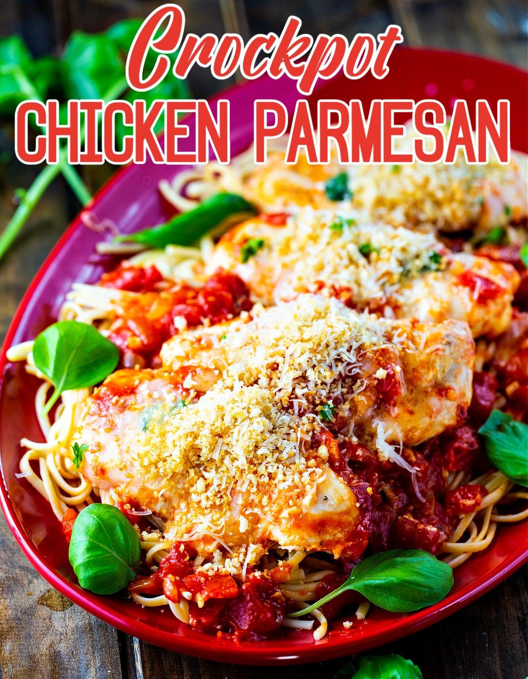Crock Pot Chicken Parmesan on a serving plate.