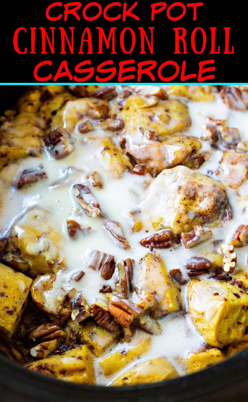 Cinnamon Roll Casserole in a slow cooker.