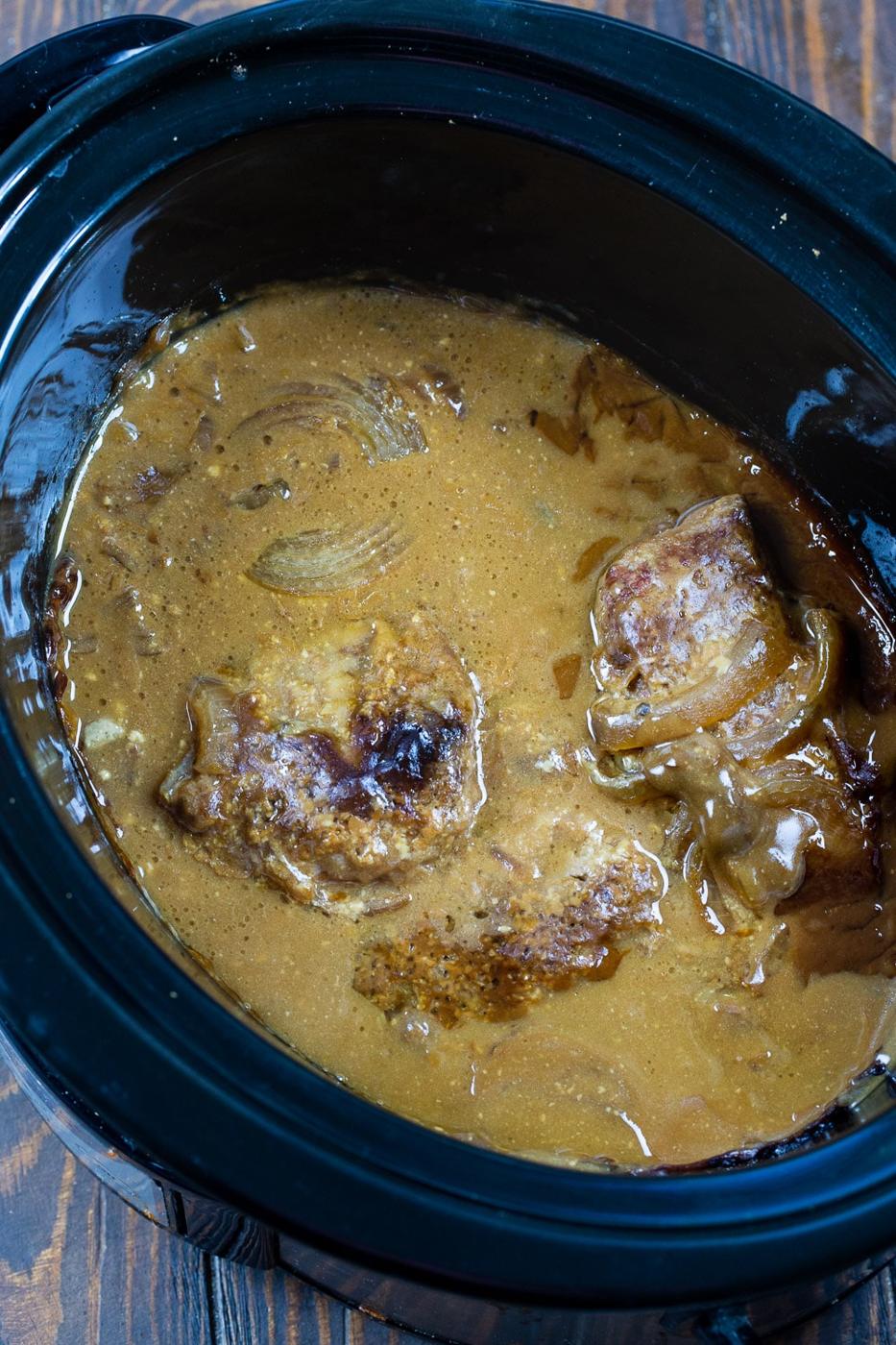 Cubed Steak with Gravy in a slow cooker.