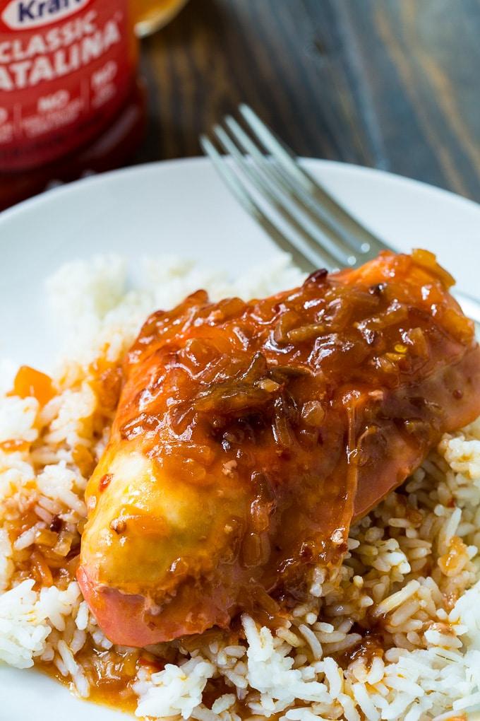 Crockpot Catalina Chicken served over rice